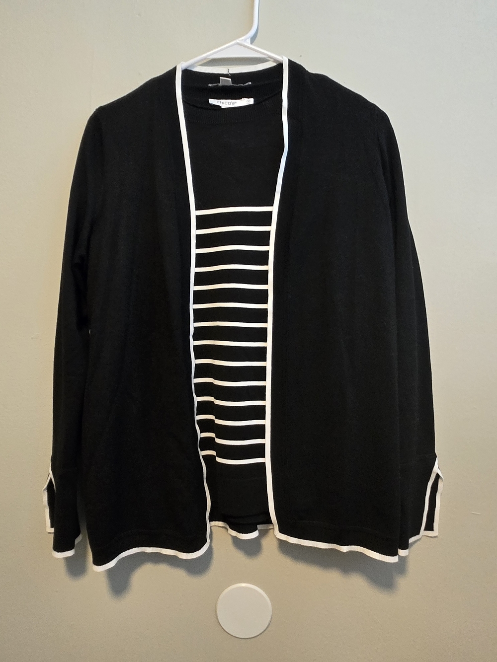 Chico's Black and White Open-Front Cardigan  with Striped Shell, 00
